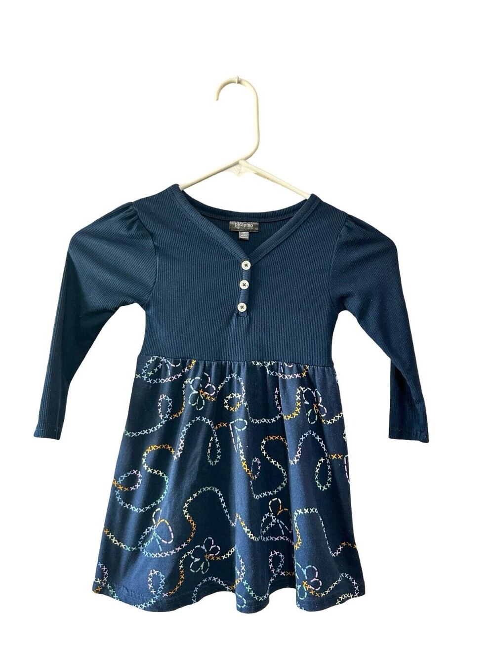 Picapino Toddler 3T Girls Navy Twirl Dress Sparkle Buttons Long Sleeve